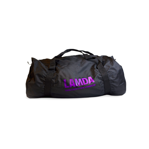 LAMDA Barrel Bags in Black with Purple LAMDA Logo